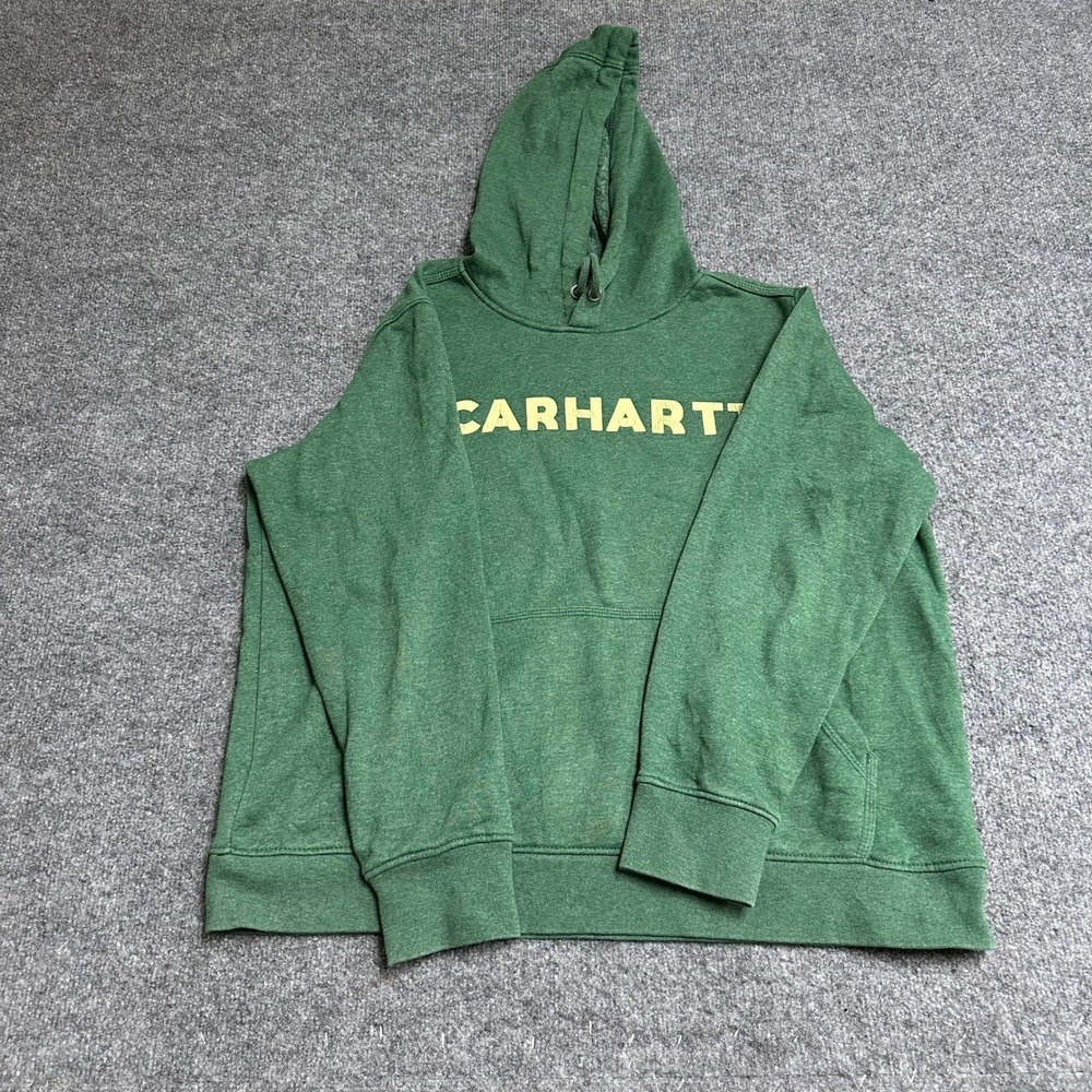 Carhartt Hoodie Womens Size1X Green Relaxed Fit Graphic Logo Pullover Sweatshirt